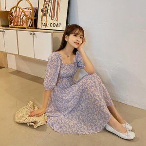 Floral Puff-Sleeve Smocked Bodice Dress